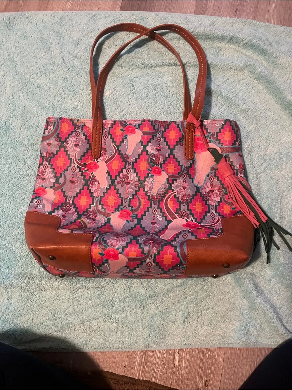 Pink Patterned Tote with Brown Leather Trim and Tassel